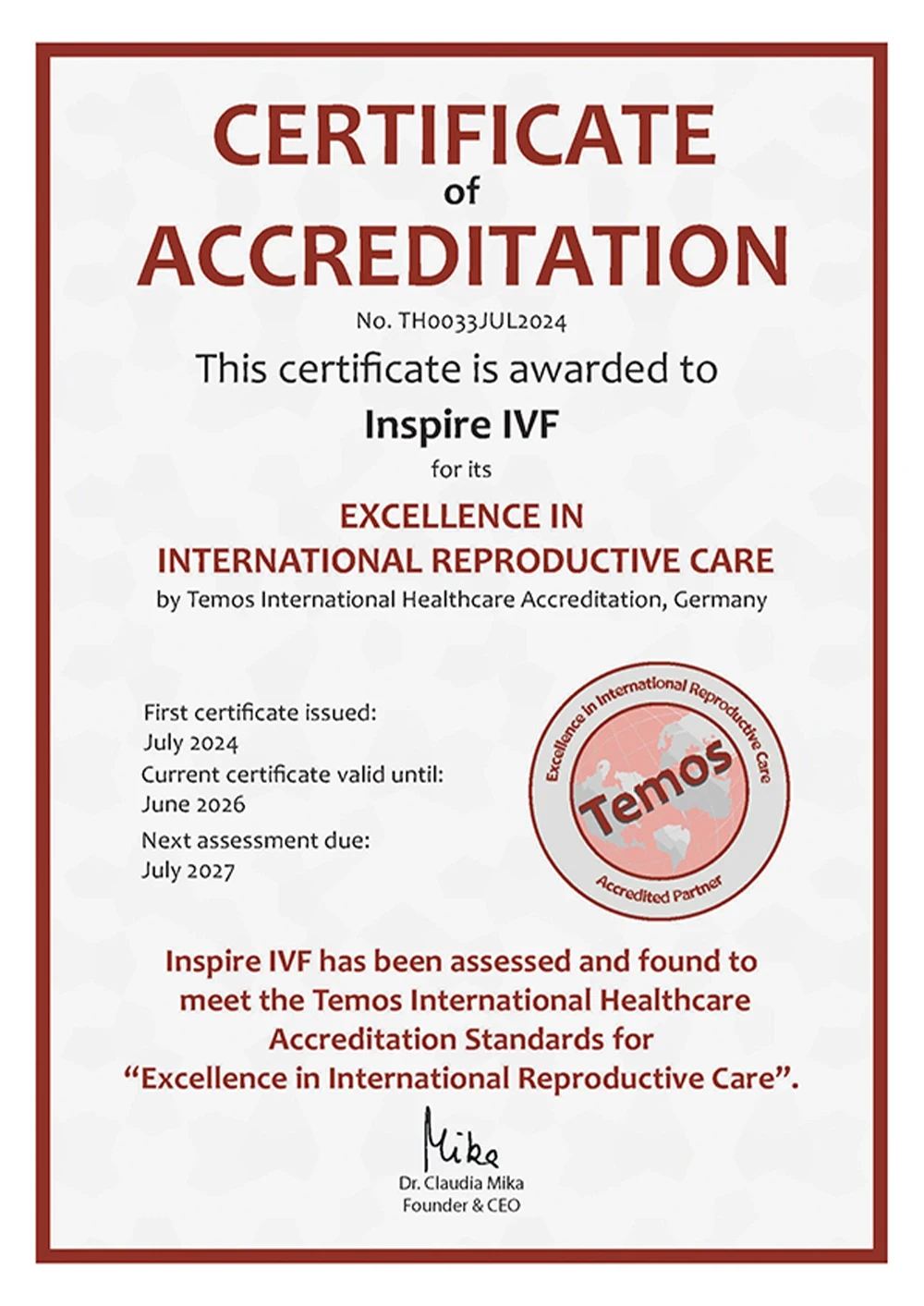 Excellent in International Reproductive Care by Temos International Healthcare Accreditation, Germany