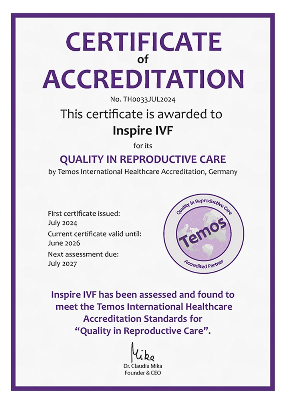Quality in Reproductive Care by Temos International Healthcare Accreditation, Germany